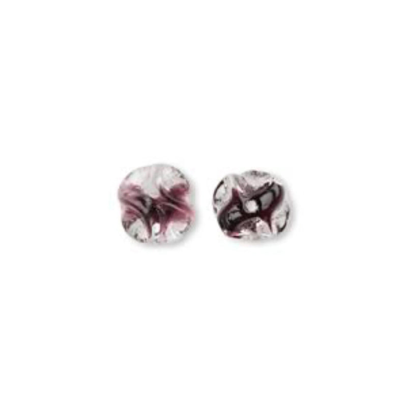 Glass beads: 11 mm bumpy round, purple & clear, Czech pressed glass, 12 pcs.