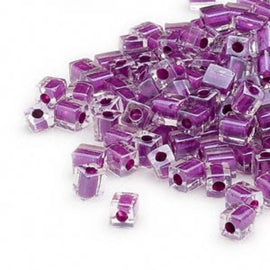Miyuki 4mm square glass seed beads: clear color lined purple, SB243, 20g (~208 beads)