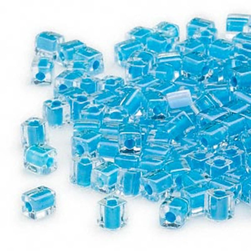 Miyuki 4mm square glass seed beads: clear color lined teal, SB247, 20g (~208 beads)