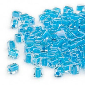 Miyuki square glass seed beads: SB247, 4 mm clear color lined teal, 20 g, ~208 beads
