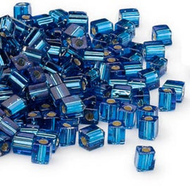 Miyuki square glass seed beads: SB149S, 4 mm, silver lined dark blue, 20 g, ~208 beads