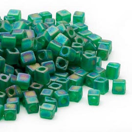 Miyuki square glass seed beads: SB146FR, 4 mm transparent frosted rainbow green, 20 g, ~208 beads