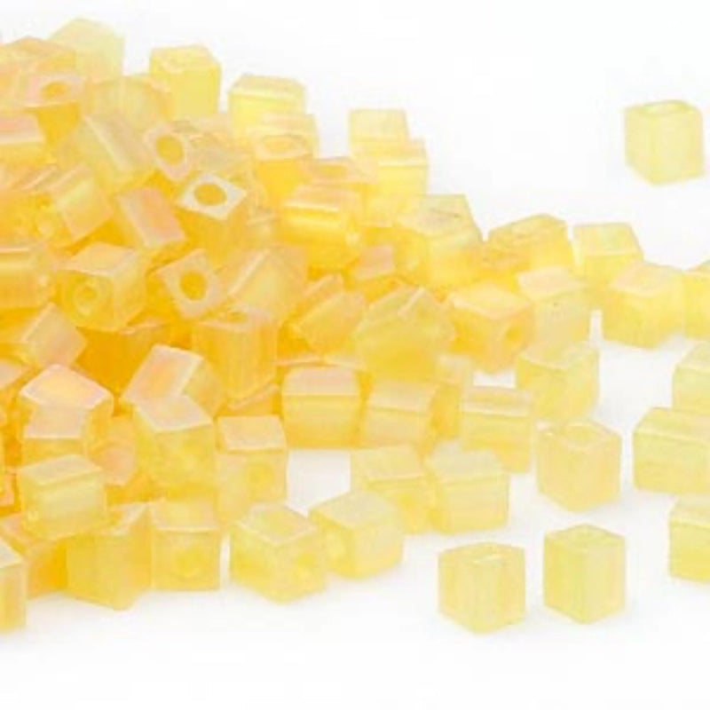 Miyuki square glass seed beads: SB136FR, 4 mm transparent frosted rainbow yellow, 20 g, ~208 beads