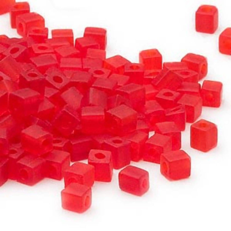 Miyuki square glass seed beads: SB140F, 4 mm transparent frosted red, 20 g, ~208 beads