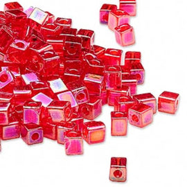 Miyuki square glass seed beads: SB254, 4 mm transparent rainbow red, 20 g, ~208 beads
