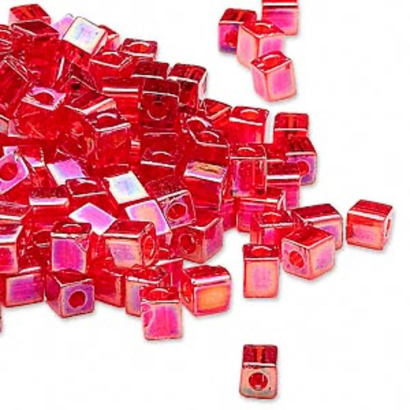 Miyuki square glass seed beads: SB254, 4 mm transparent rainbow red, 20 g, ~208 beads