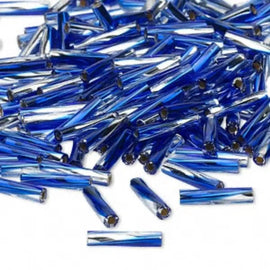 Bugle beads: Miyuki # TW3934, 12 mm x 2.7 mm, twisted glass, silver lined, two toned silver & cobalt blue, 25 g, ~240 beads