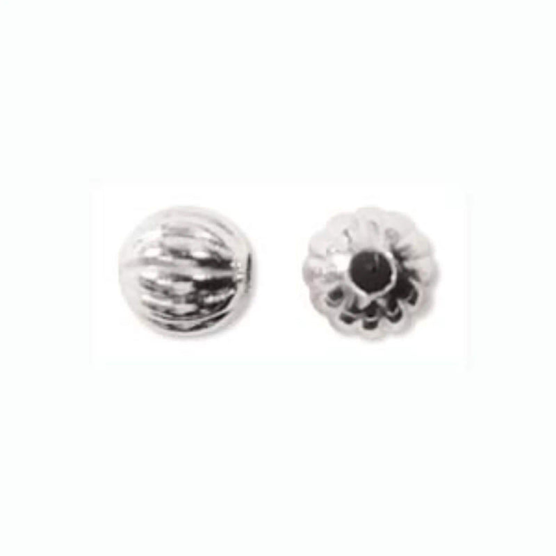 Metal beads: 6 mm corrugated/ fluted round, silver plated metal, 24 beads