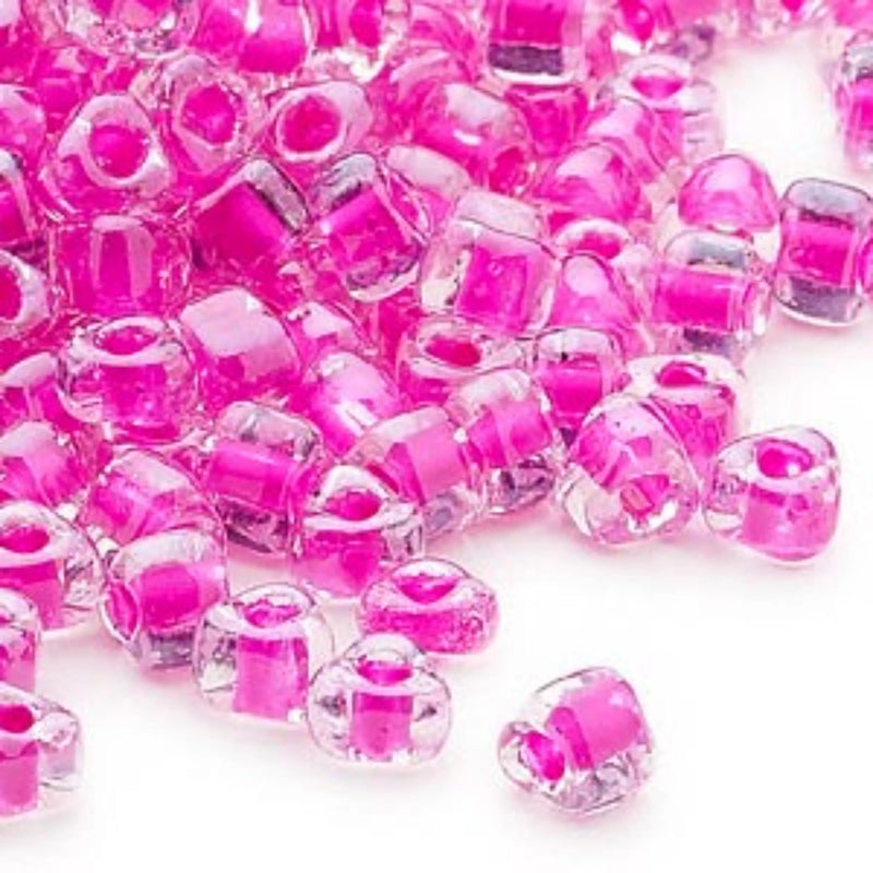 Miyuki #5 triangle glass seed beads: TR1110, 4mm clear color lined fuchsia, 20 g, ~220 beads