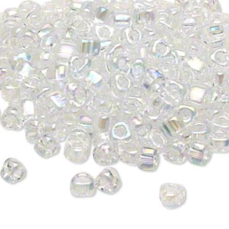 Miyuki #5 triangle glass seed beads: TR1151, 4mm iris clear, ~22 g tube, ~242 beads