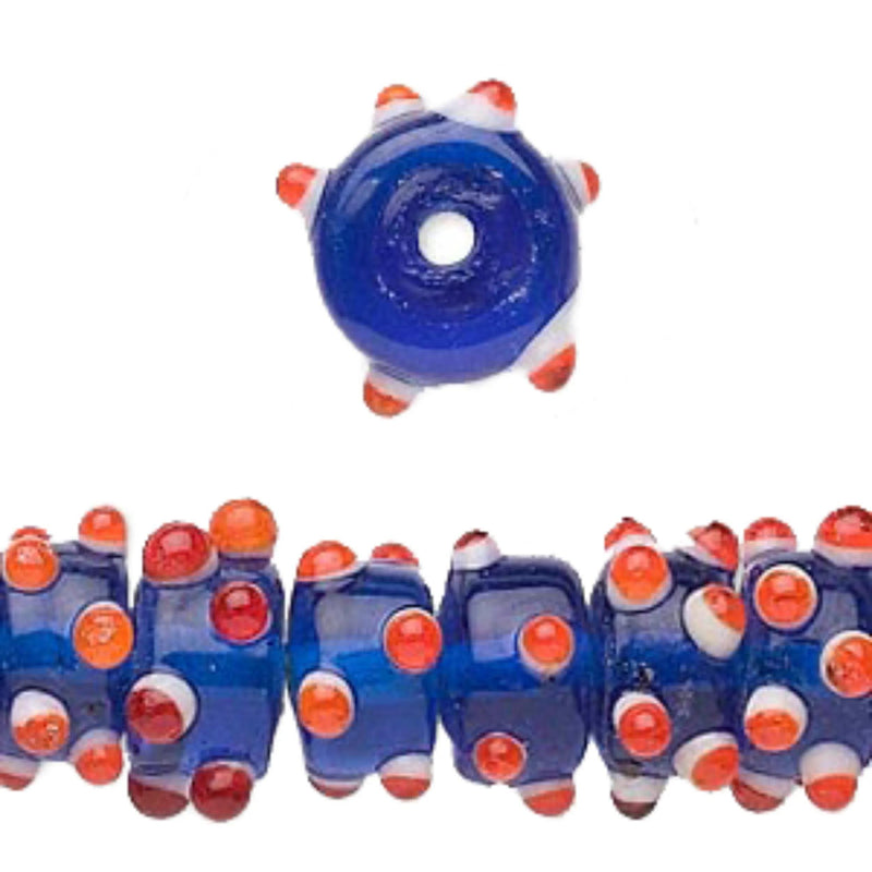 Lampwork Blue Glass Beads: Red and White Bumps, Drum Shaped (12 beads)