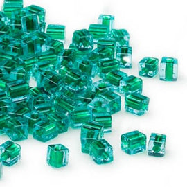 Miyuki 4mm square glass seed beads: Blue-Lined Green, SB2643, 20g (~208 beads)