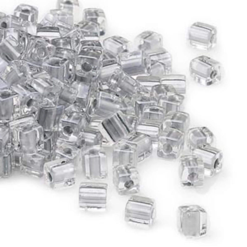 Miyuki 4mm square glass seed beads: silver color lined clear, SB242, 20g (~208 beads)