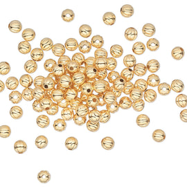 Gold Plated Brass Corrugated Beads: 3mm Round, 100 Pieces