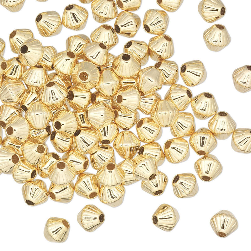 Metal beads: 5mm corrugated bicone, gold plated brass, 1.2mm hole, 25 beads