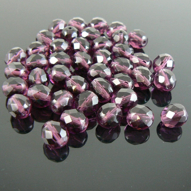 8mm facet round amethyst purple, Czech fire polish glass beads, 25 beads