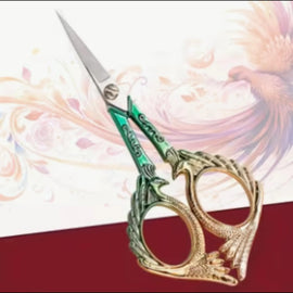 Embroidery / sewing/ crafting scissors: retro / vintage style, green to gold color, peacock, stainless steel, 5" L. thread nippers.