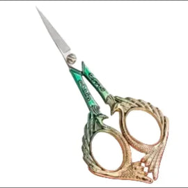 Embroidery / sewing/ crafting scissors: retro / vintage style, green to gold color, peacock, stainless steel, 5" L. thread nippers.