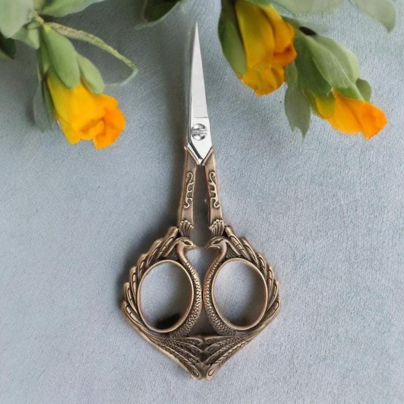 Embroidery / sewing/ crafting scissors: retro / vintage style, antiqued brass peacock, stainless steel, 5" L. thread nippers.
