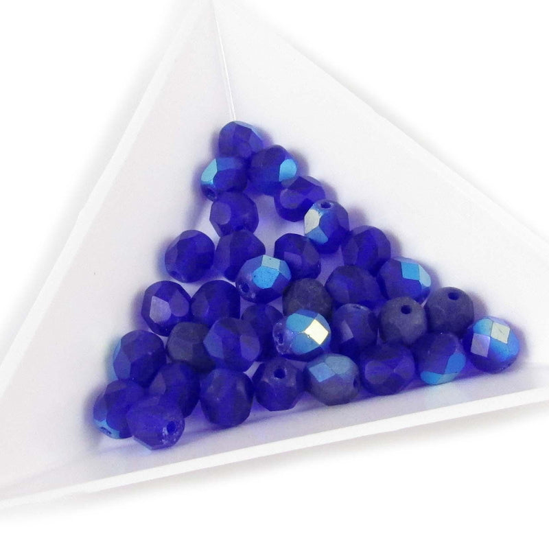 4mm Faceted Dark Blue Czech Glass Beads, AB Matte, 8" Strand
