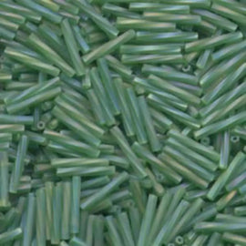 Bugle beads: Miyuki # 179F, 12 mm x 2 mm, twisted glass, AB matte, transparent green, 25 g, ~420 beads