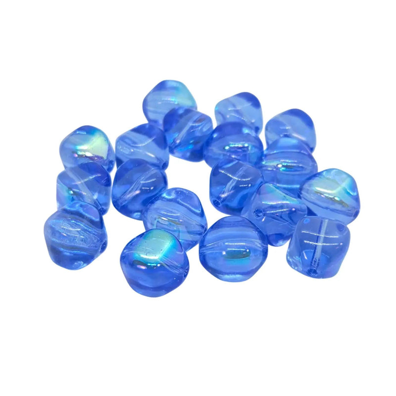 AB Blue Czech Glass Beads: 12mm 4-Sided Oval, 8" Strand (18 beads)