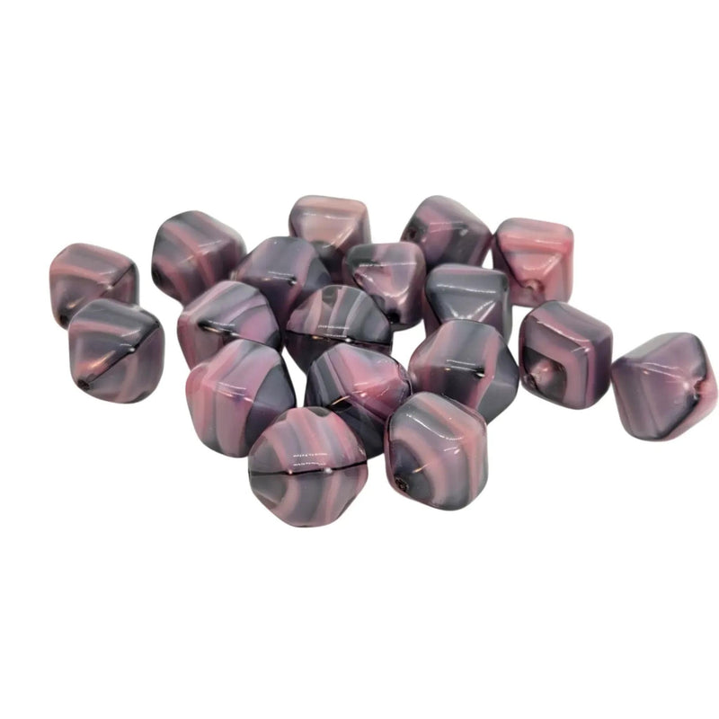Czech Pressed Glass Beads: 12mm Oval Pink Blue Swirl Strand, 8" strand