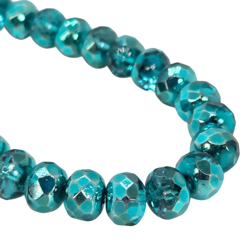 Czech Glass Beads: 6x9mm Faceted Puffy Rondelle, Marine Metallic Ice (7" Strand)