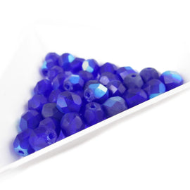 4mm Faceted Dark Blue Czech Glass Beads, AB Matte, 8" Strand