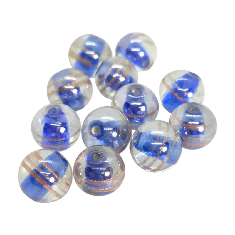 Round Glass Beads: 10-12mm Clear with Dark Blue Center, and Gold Stripes, 12pcs