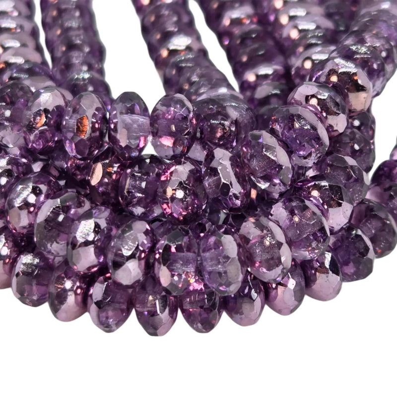 Violet Metallic Ice Faceted Czech Glass Rondelles, 4x7mm, 7" Strand (~42 beads)