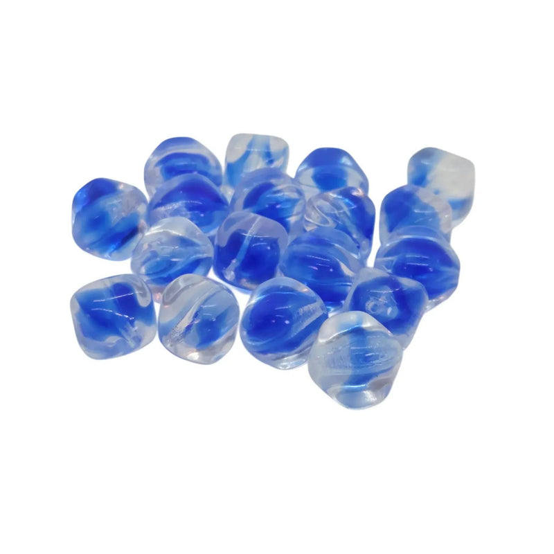 Czech Glass Beads: 12mm Blue and Clear 4-Sided Ovals, 8" strand