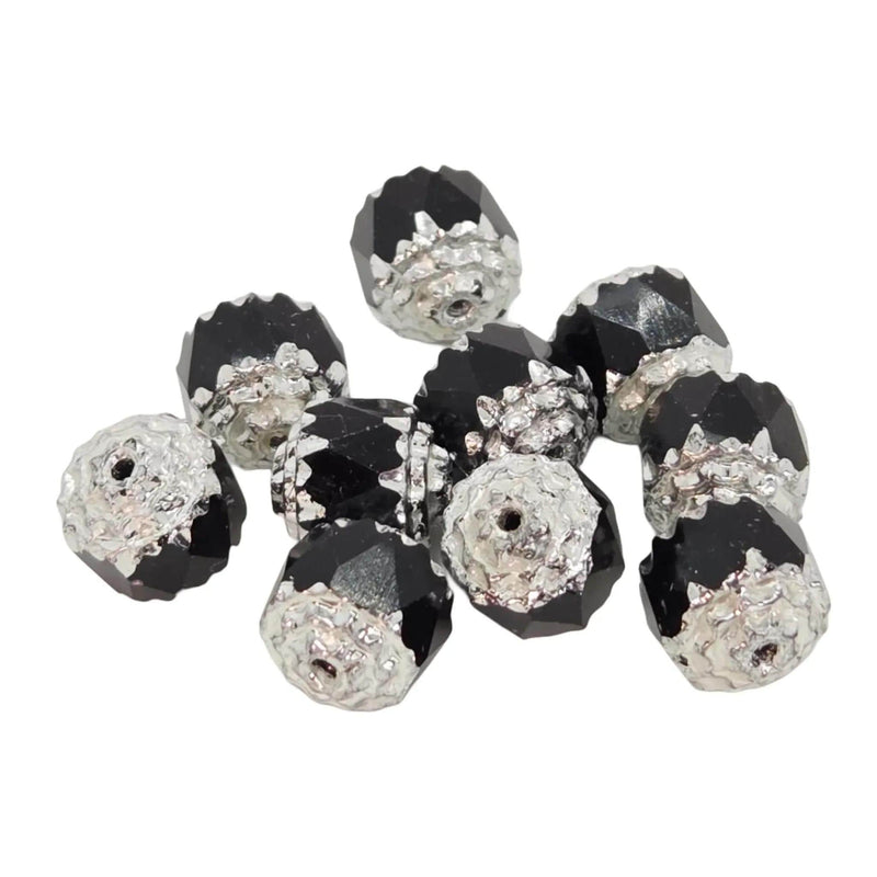 Czech Glass Cathedral Beads: 8mm Jet Black with Metallic Silver (10 Beads)