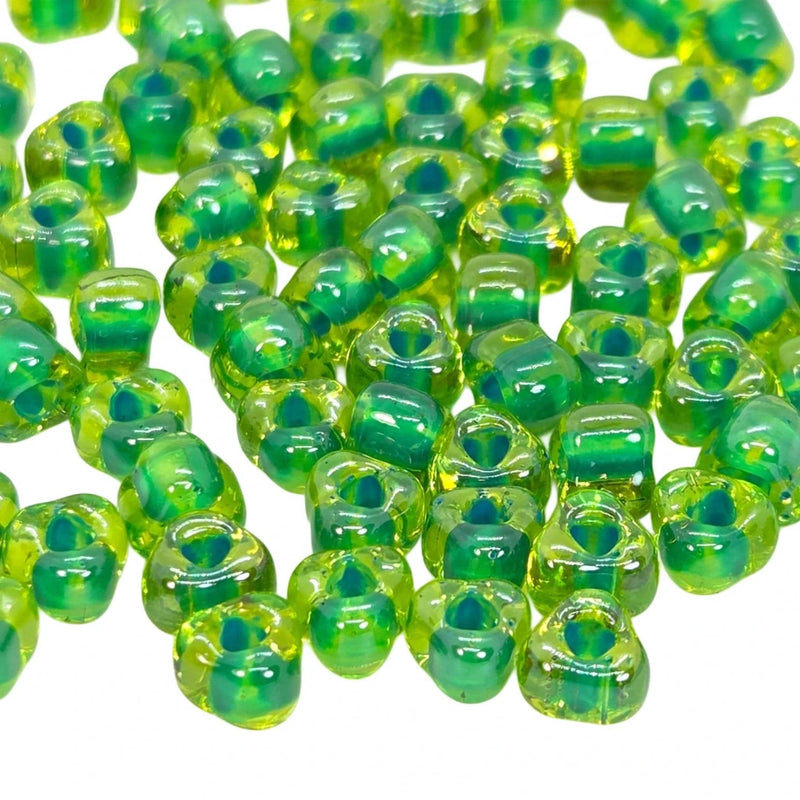 Miyuki #5 (4mm) Triangle Glass Seed Beads: A. Yellow-Lined Kelly Green Glass, TR1811, 20g