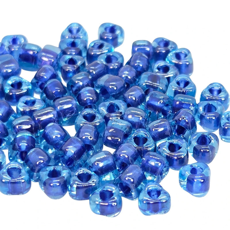 Miyuki #5 (4mm) Triangle Glass Seed Beads: Light Blue Lined Dark Blue, TR1828, ~22g tube