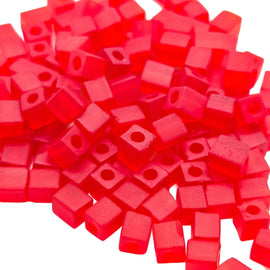 Miyuki 4mm square glass seed beads: transparent frosted red, SB140F, 20g (~208 beads)