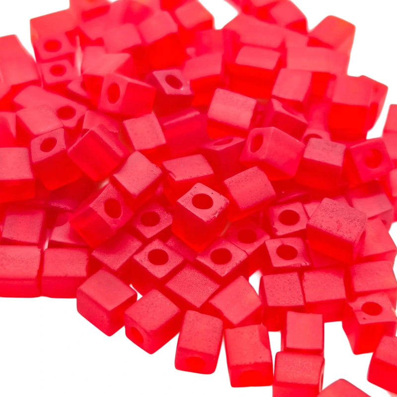 Miyuki 4mm square glass seed beads: transparent frosted red, SB140F, 20g (~208 beads)
