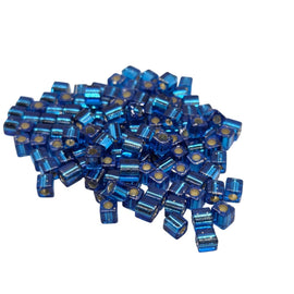 Miyuki 4mm square glass seed beads: silver lined dark blue, SB149S, 20g (~208 beads)
