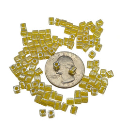 Miyuki 4mm square glass seed beads: clear color lined yellow, SB202, 20g (~208 beads)