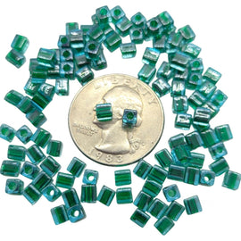 Miyuki 4mm square glass seed beads: Blue-Lined Green, SB2643, 20g (~208 beads)