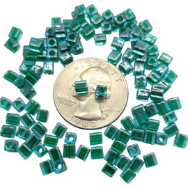Miyuki 4mm square glass seed beads: Blue-Lined Green, SB2643, 20g (~208 beads)