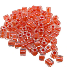 Miyuki 4mm square glass seed beads: clear color lined orange, SB236, 20g (~208 beads)