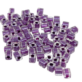 Miyuki 4mm square glass seed beads: clear color lined purple, SB243, 20g (~208 beads)