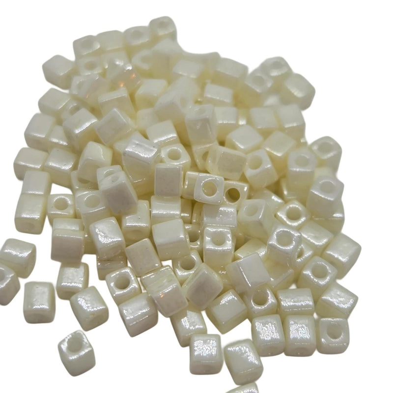 Miyuki 4mm square glass seed beads: opaque metallic cream, SB421, 20g (~208 beads)