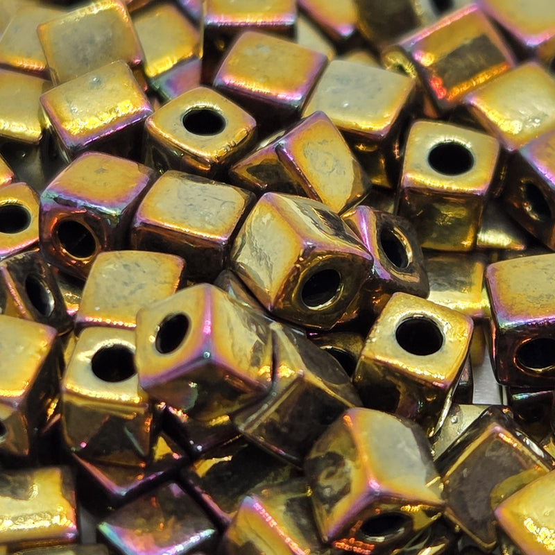 Miyuki 4mm square glass seed beads: opaque metallic iris bronze, SB462, 20g (~208 beads)