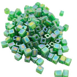 Miyuki 4mm square glass seed beads: transparent frosted rainbow green, SB146FR, 20g (~208 beads)