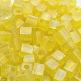 Miyuki 4mm square glass seed beads: transparent frosted rainbow yellow, SB136FR, 20g (~208 beads)