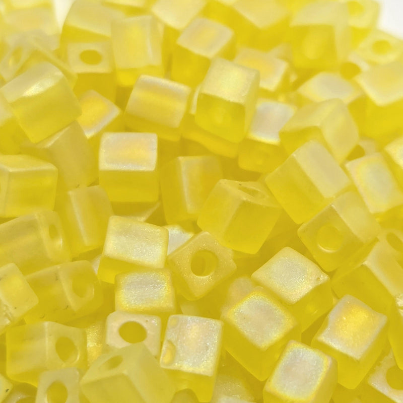 Miyuki 4mm square glass seed beads: transparent frosted rainbow yellow, SB136FR, 20g (~208 beads)