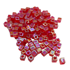Miyuki 4mm square glass seed beads: transparent rainbow red, SB254, 20g (~208 beads)