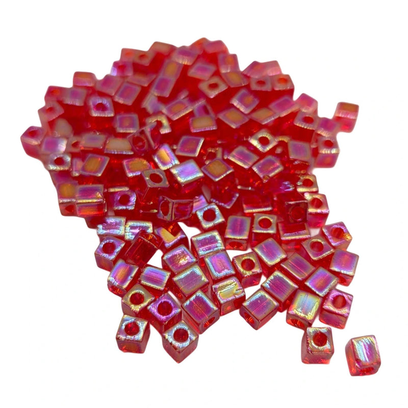 Miyuki 4mm square glass seed beads: transparent rainbow red, SB254, 20g (~208 beads)
